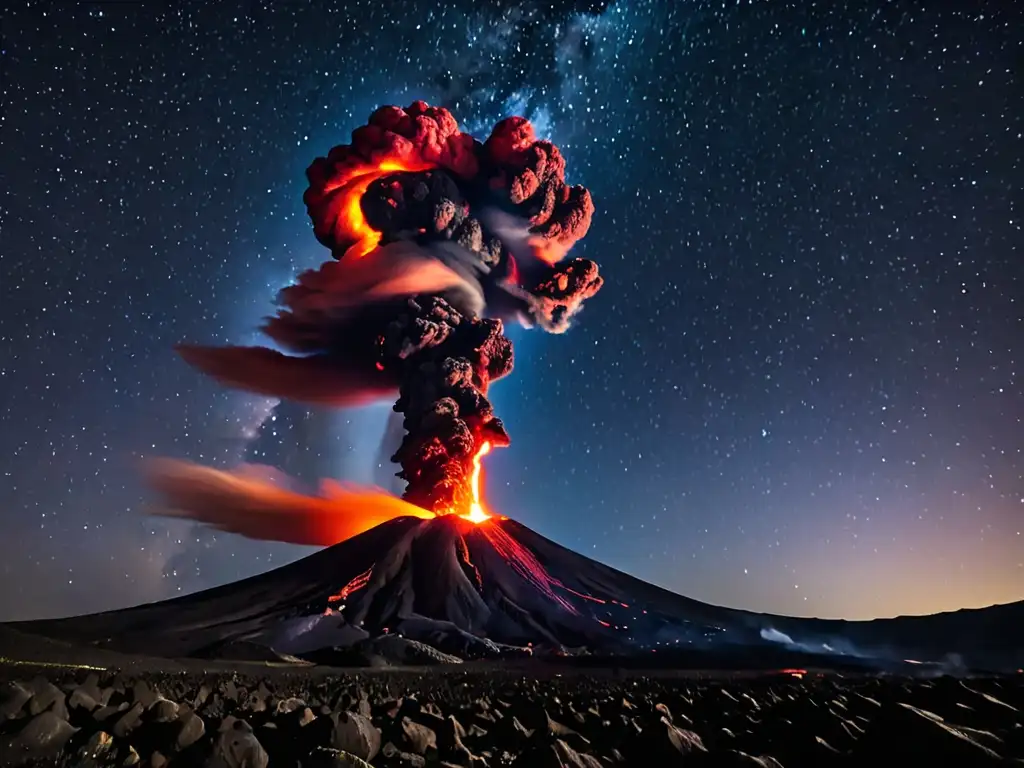 Espectacular erupción volcánica bajo un cielo estrellado, evocando mitos de creación en volcanes