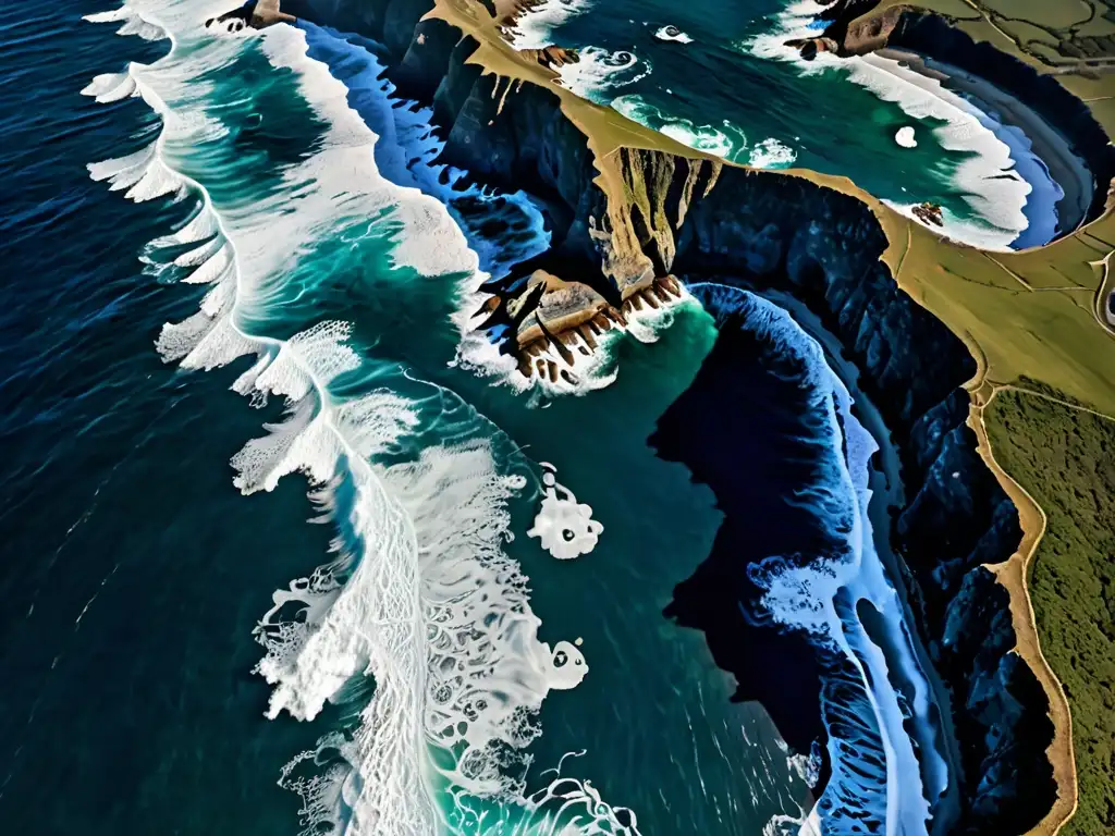 Espectacular costa con olas chocando contra acantilados, mostrando la base científica de leyendas sobre maremotos