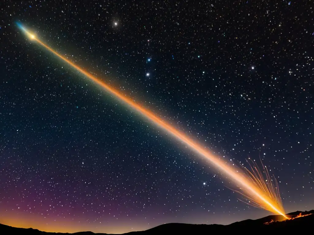 Espectacular imagen del cielo nocturno con un cometa brillante y su larga cola dorada, evocando los efectos de los cometas en mitología