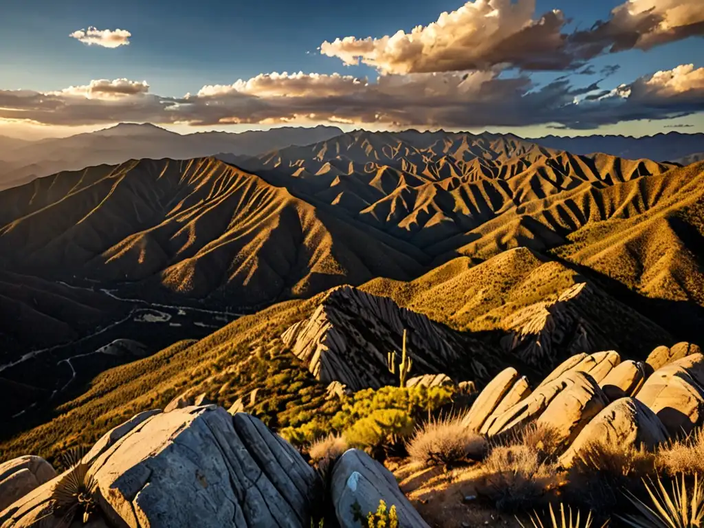 Espectacular imagen de las imponentes montañas de la Sierra Madre al atardecer, con nubes dramáticas y una luz dorada que resalta los picos y valles