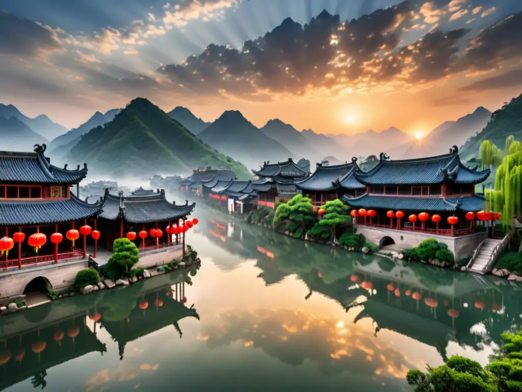 Espectacular paisaje chino de montañas, ríos y aldeas, evocando el mito de Nüwa y el cataclismo chino con su belleza atemporal