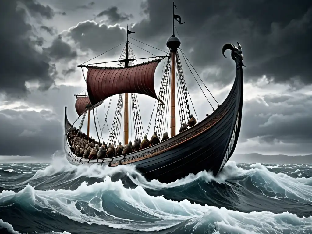 Una espectacular representación de un drakkar vikingo surcando aguas heladas y turbulentas bajo un cielo nórdico tormentoso
