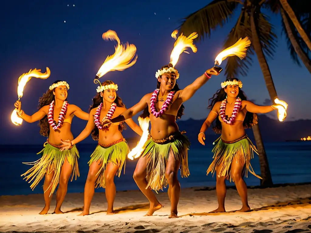 Espectáculo de ritos nocturnos en Polinesia: danzas tradicionales junto al mar, con fuego y palmeras bajo la luna