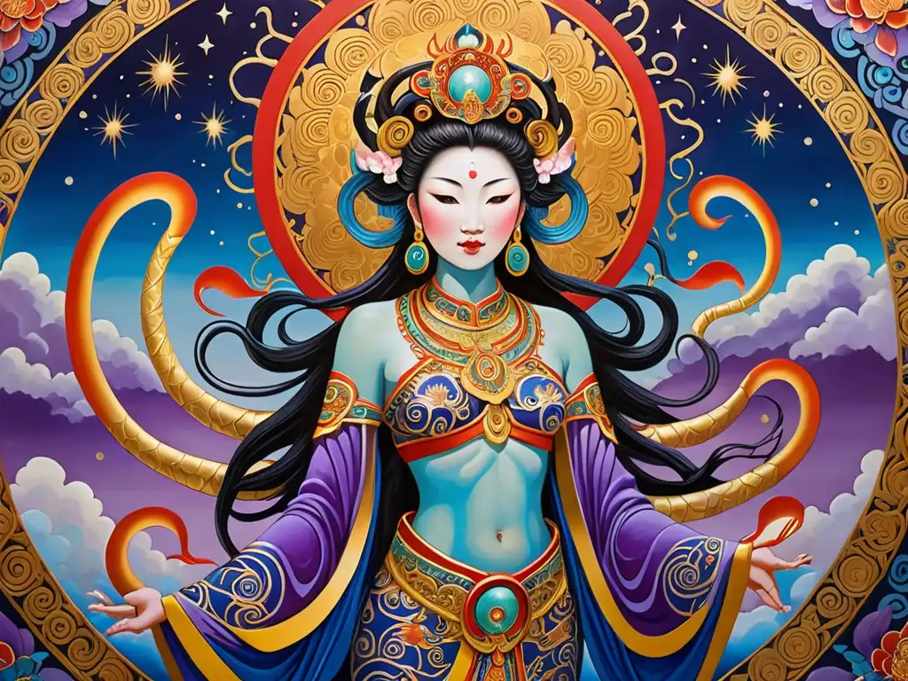 Espléndido mural de Nüwa, diosa china, rodeada de colores y brillos, evocando su mitología y poder divino