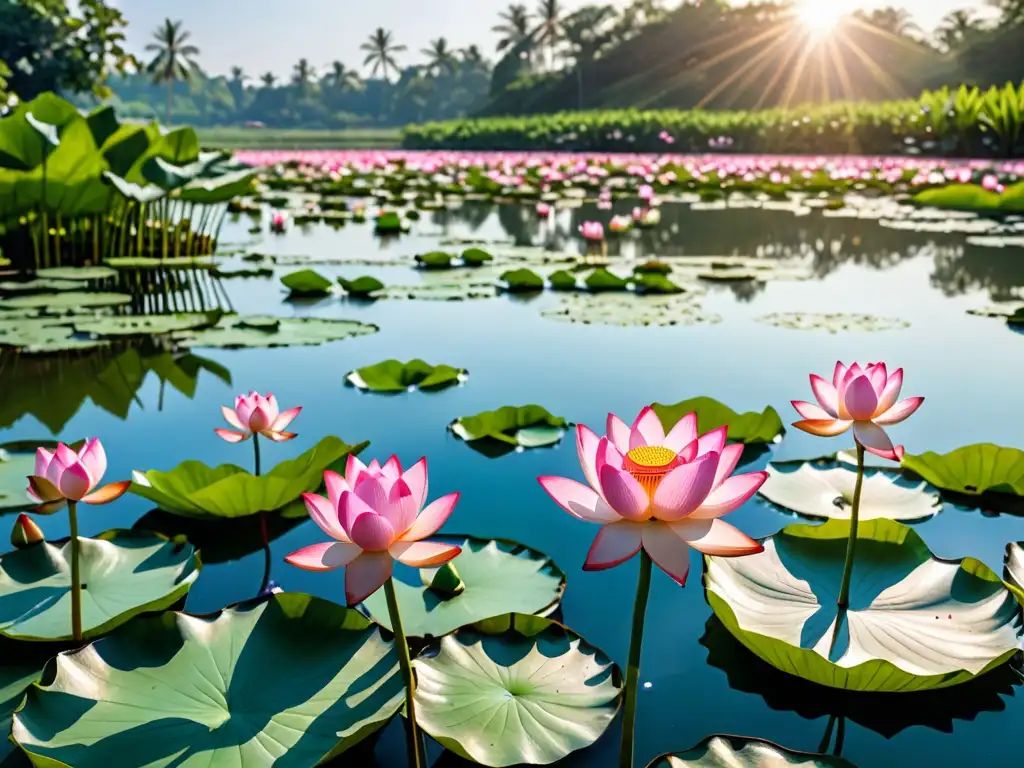 Un estanque sereno con flores de loto rosadas en plena floración