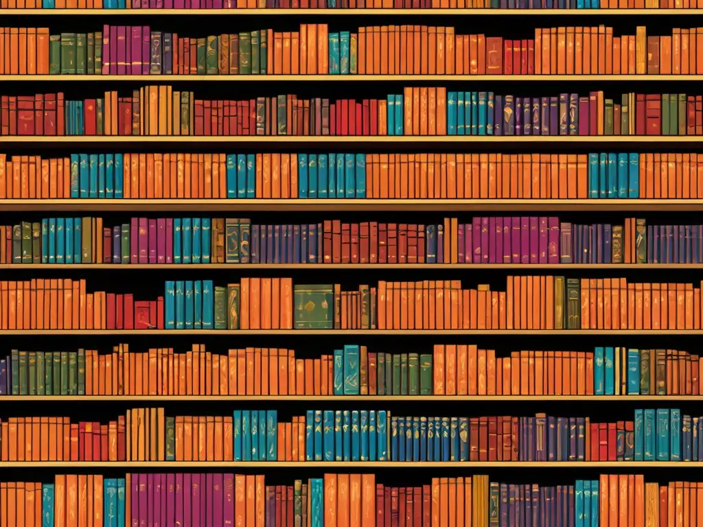 Una estantería moderna llena de novelas contemporáneas con personajes mitológicos, iluminada de forma cálida y cautivadora