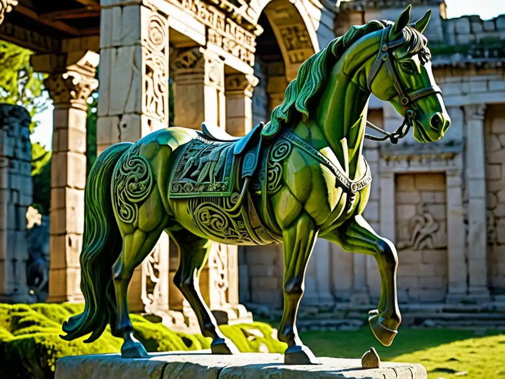 Estatua de caballo de madera tallada con escenas de estrategia, engaño y guerra en ruinas antiguas, bañada por el sol de la tarde