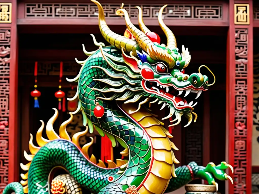 Estatua de dragón chino de jade con gemas, rodeada de ofrendas y murales de leyendas, evocando reverencia y misticismo cultural