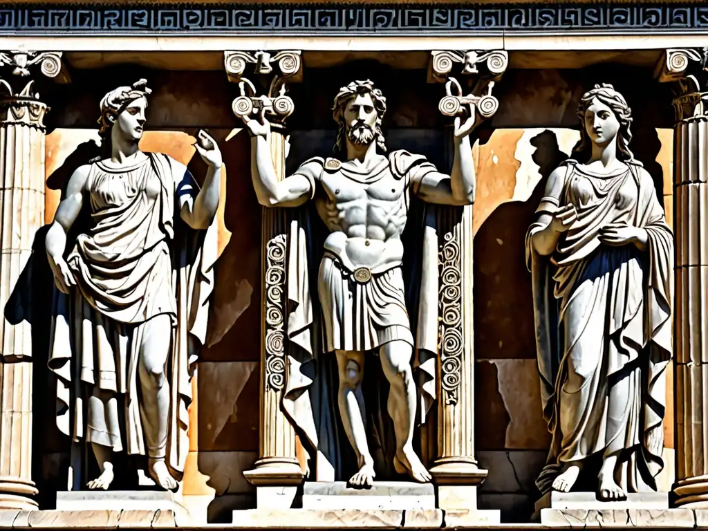 Una estatua detallada de los dioses romanos Júpiter, Juno y Minerva en un majestuoso templo, resaltando la mitología romana en la serie 'Roma'