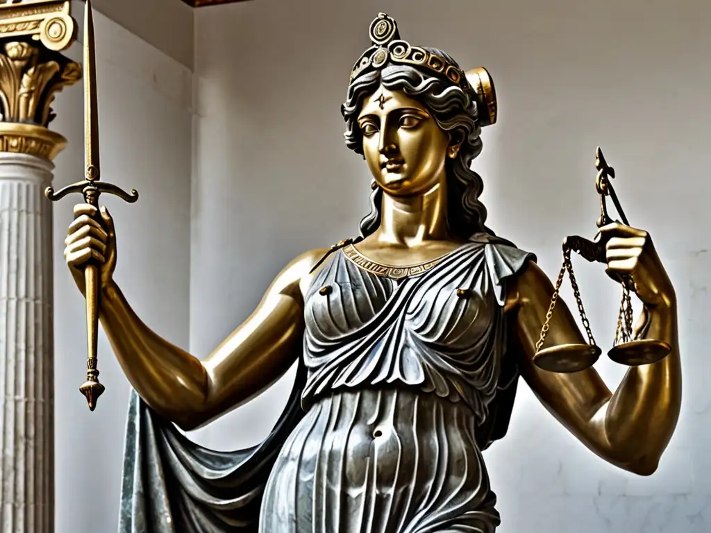 Diosa griega Themis: Justicia y Poder Estátua de la diosa griega Themis con balanza y espada, representando los paralelismos entre mitología y justicia