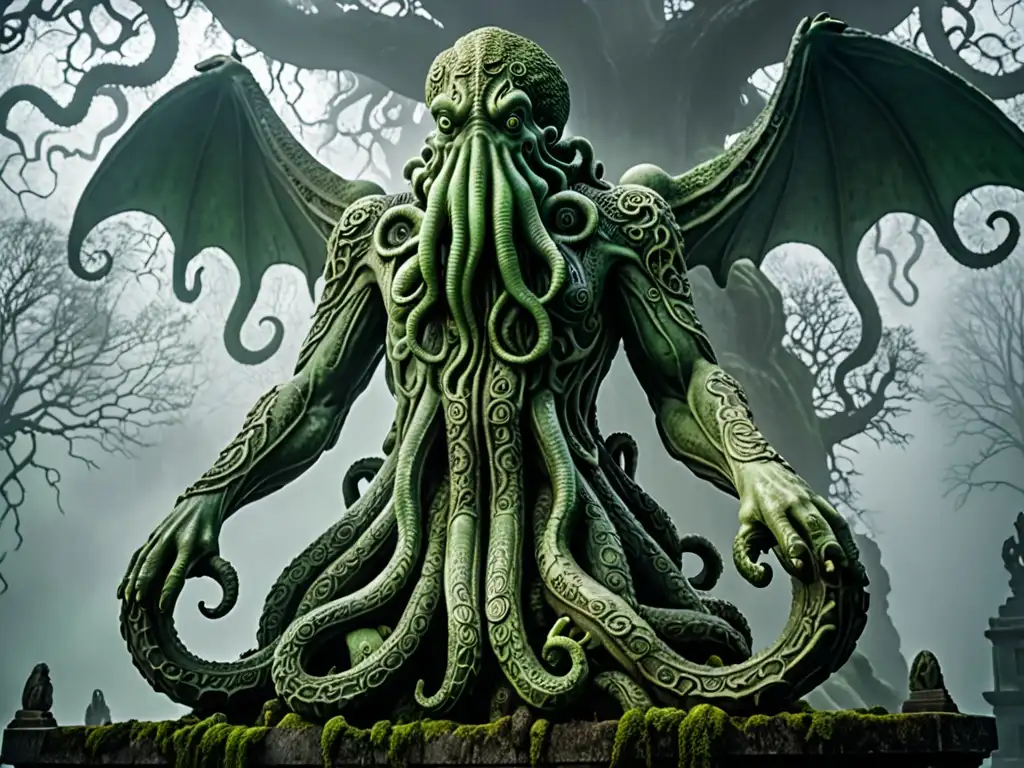 Una estatua imponente de Cthulhu emerge entre la niebla, cubierta de musgo y con detalles terroríficos