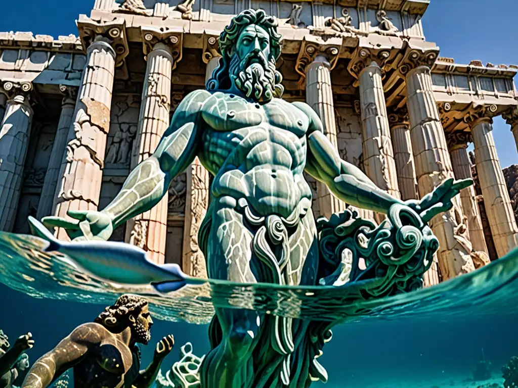 Una estatua masiva de Poseidón emerge en aguas cristalinas, rodeada de peces