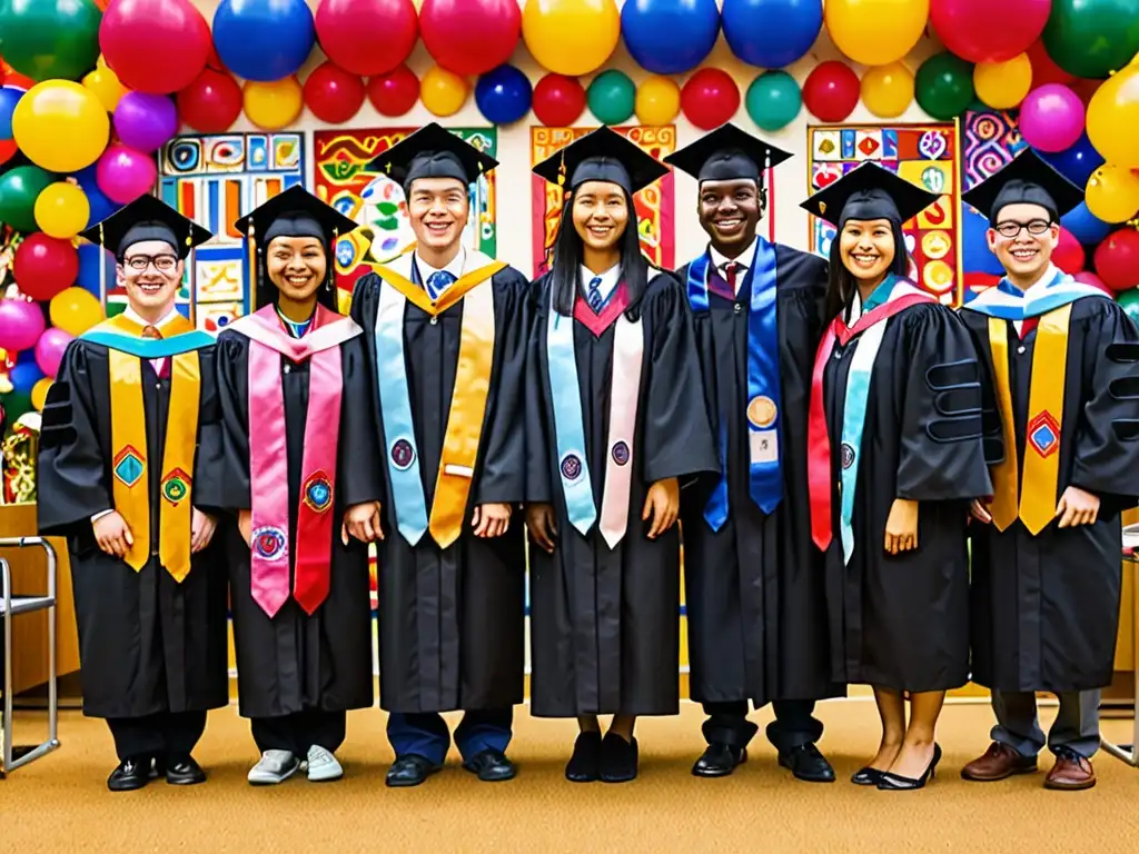 Graduación multicultural llena de orgullo y diversidad Estudiantes celebran rituales de graduación académica en diversas culturas, rodeados de símbolos coloridos y expresiones de orgullo