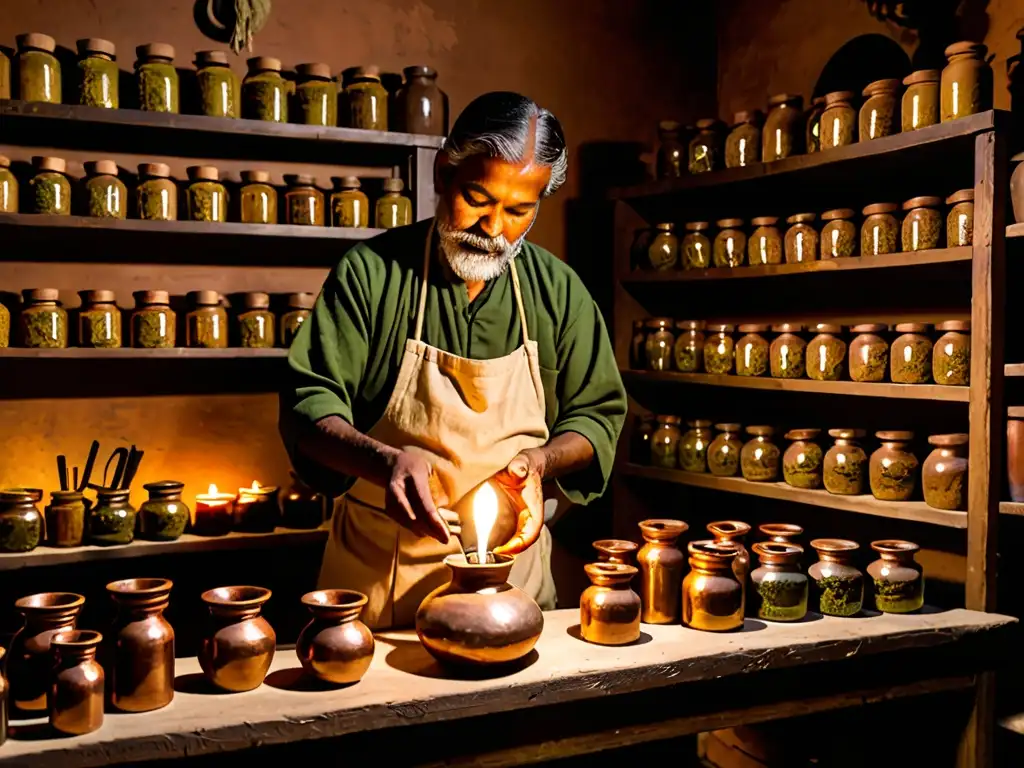 Un experto en medicina Ayurveda prepara con cuidado un lote de medicina herbaria Rasayana en un apotecario rústico y tenue