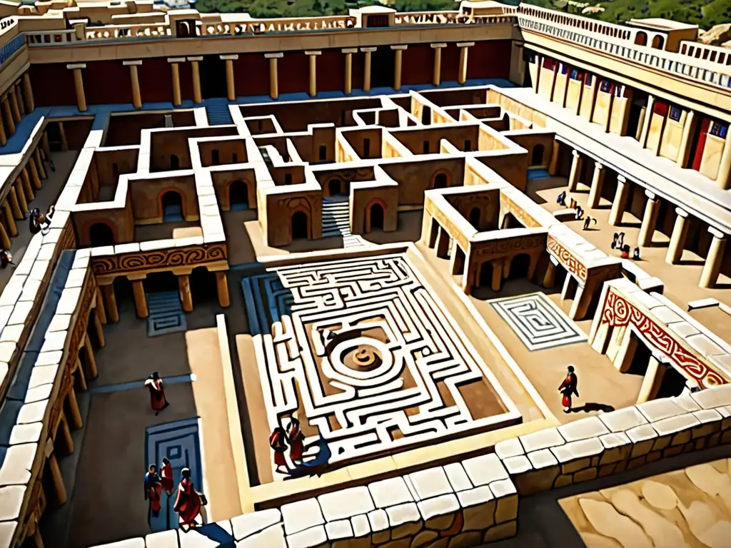 Exploración de la mitología griega en el juego Hades: recreación digital del laberinto de Knossos, con detalles Minoicos y frescos vibrantes
