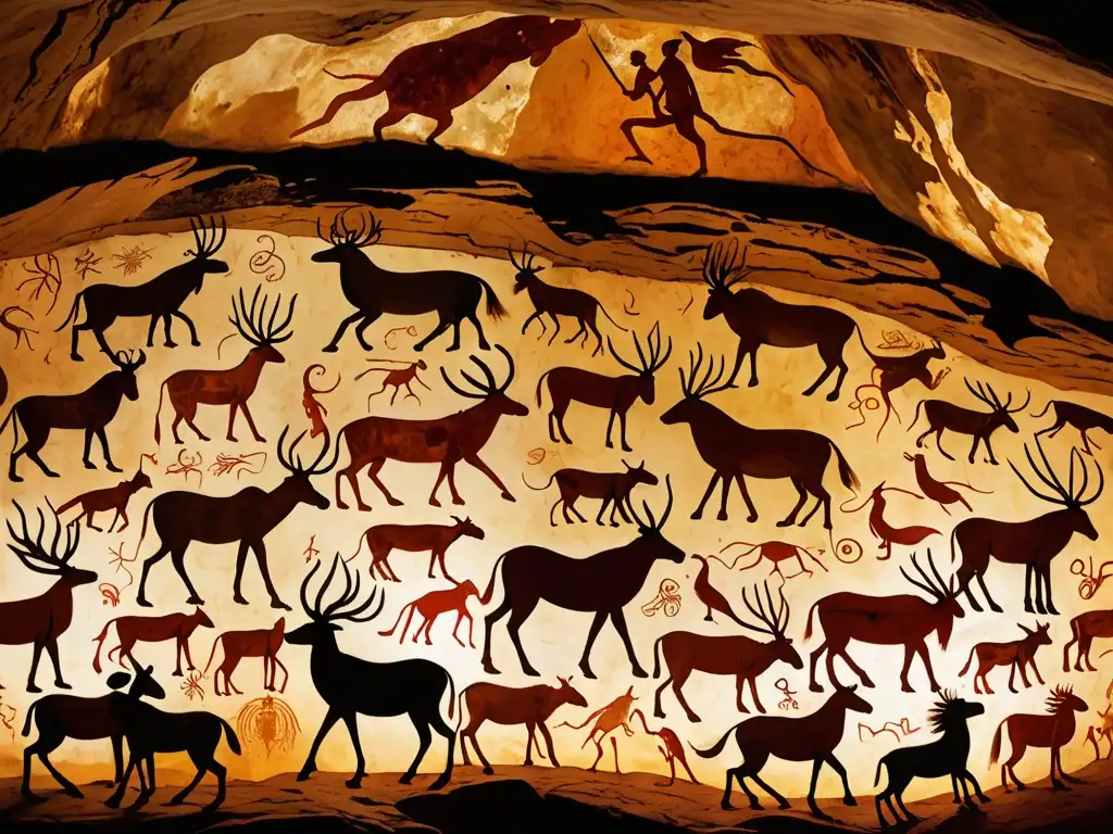 Exploración de mitos antiguos en cueva iluminada por lámpara, revelando arte vibrante y misterioso