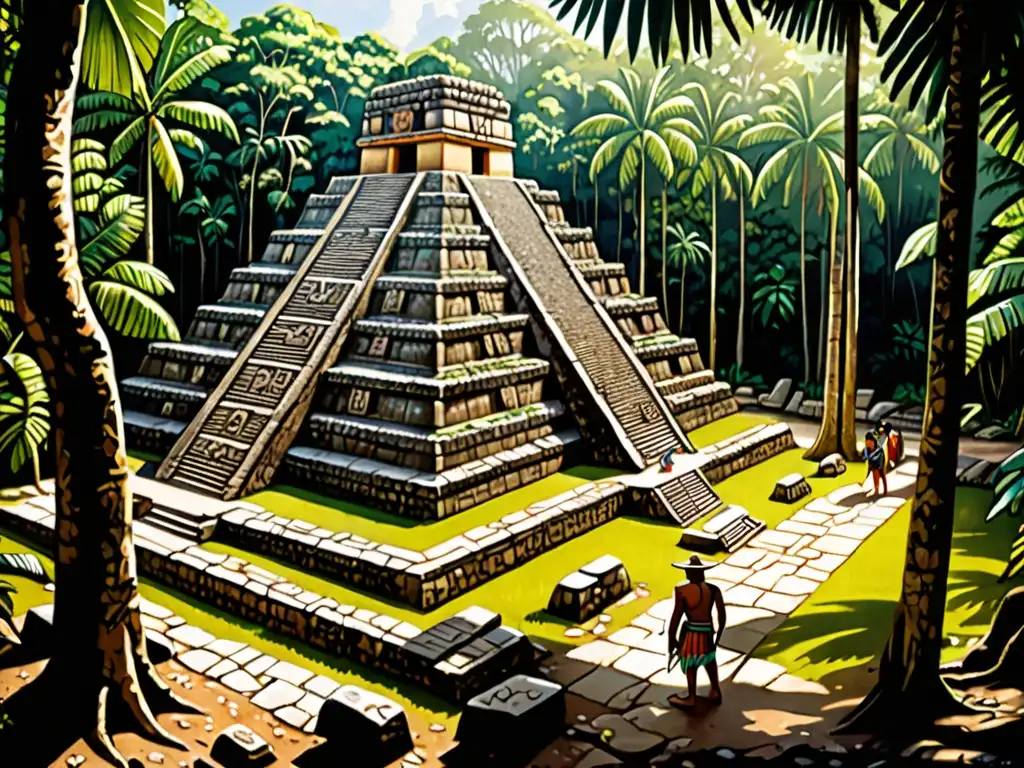 Exploración de ruinas mayas entre la exuberante vegetación tropical, con arqueólogos descubriendo artefactos y leyendas perdidas