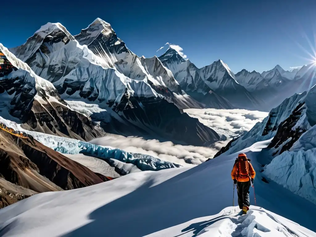 Montañas del Himalaya: Atardecer dorado sobre el Everest Un explorador admira la majestuosidad del Himalaya al atardecer, explorando leyendas del Himalaya