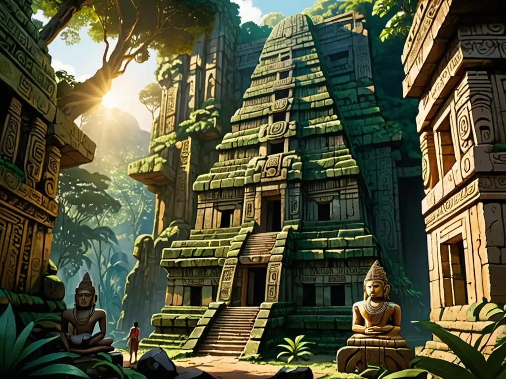 Explorador maravillado contempla las ruinas de un antiguo templo Lemuriano en la exuberante jungla, evocando misterios del continente perdido Lemuria