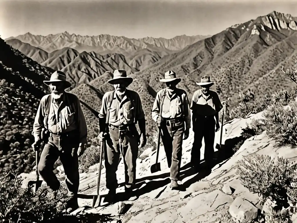Exploradores agotados buscan el tesoro legendario en la implacable Sierra Madre, con rostros cansados iluminados por el sol poniente