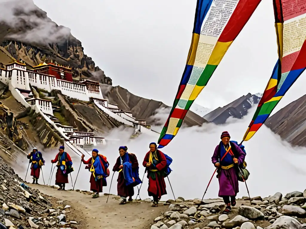 Exploradores con guías locales y banderas de oración en las misty montañas, creando una atmósfera de mitos y leyendas del Tíbet
