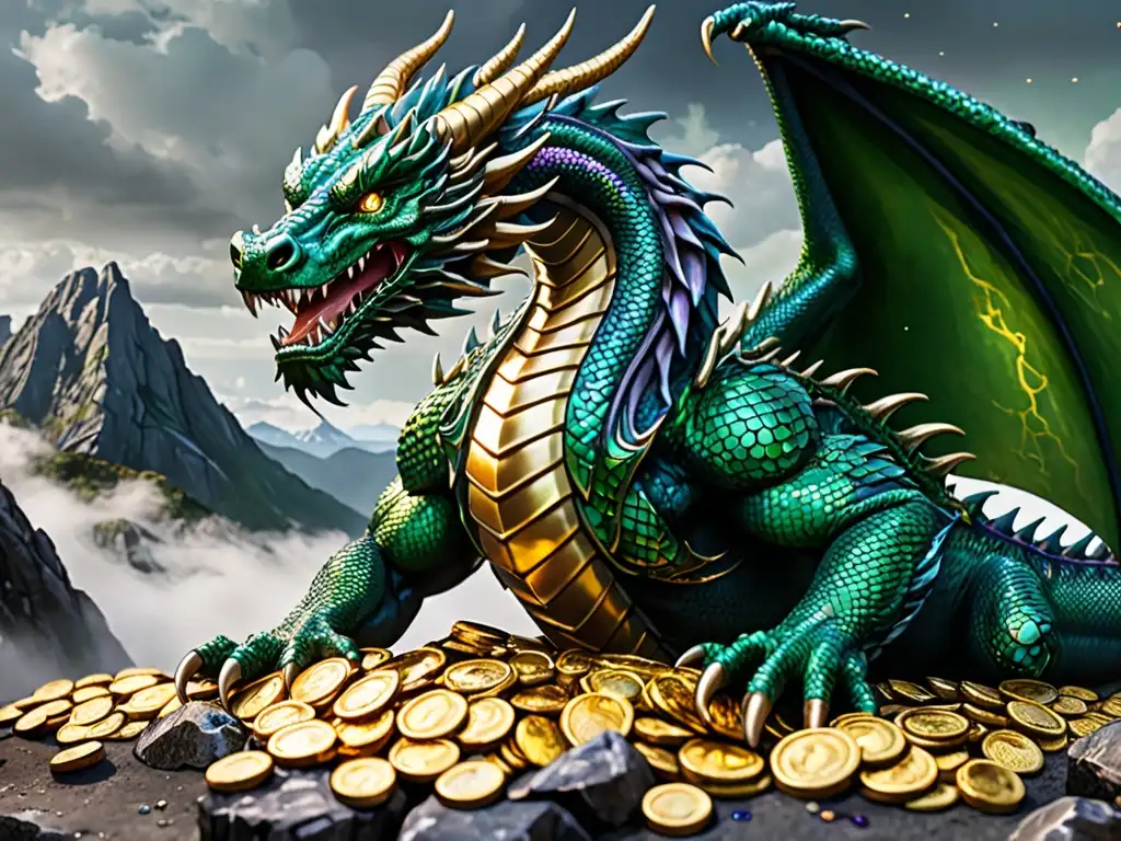 El feroz dragón Fafnir custodia el tesoro en la Saga Völsunga, con escamas iridiscentes y una mirada llena de poder