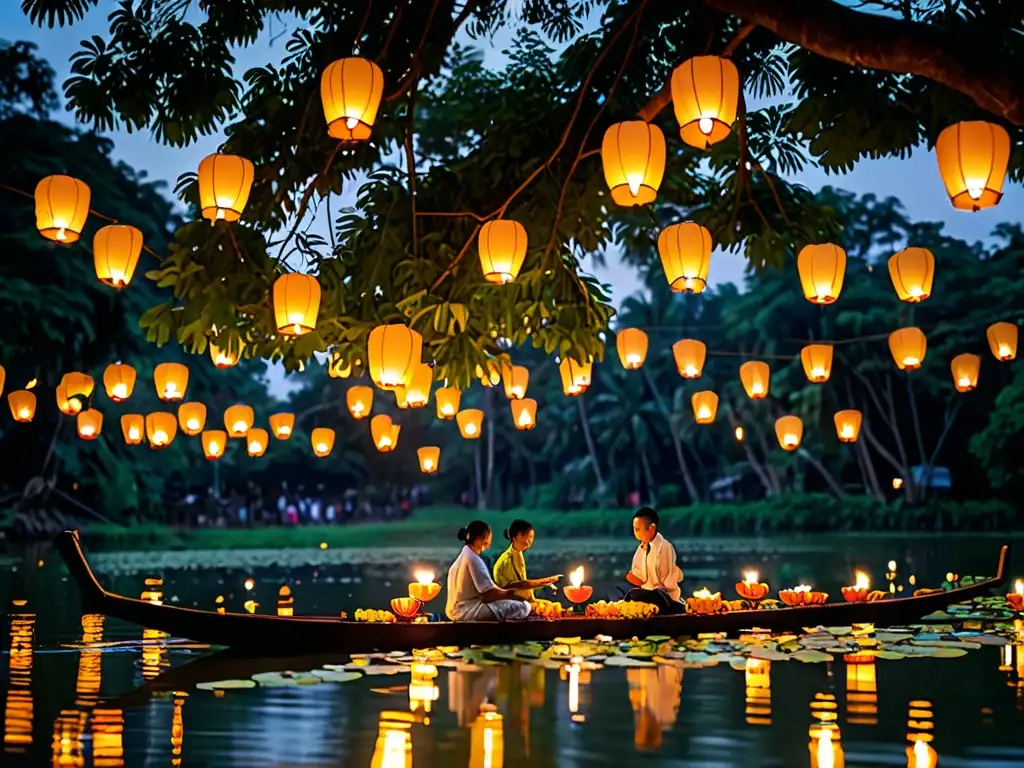 En el Festival Loy Krathong Tailandia, locales lanzan krathongs al río al atardecer, iluminando el agua con velas en un entorno sereno y mágico