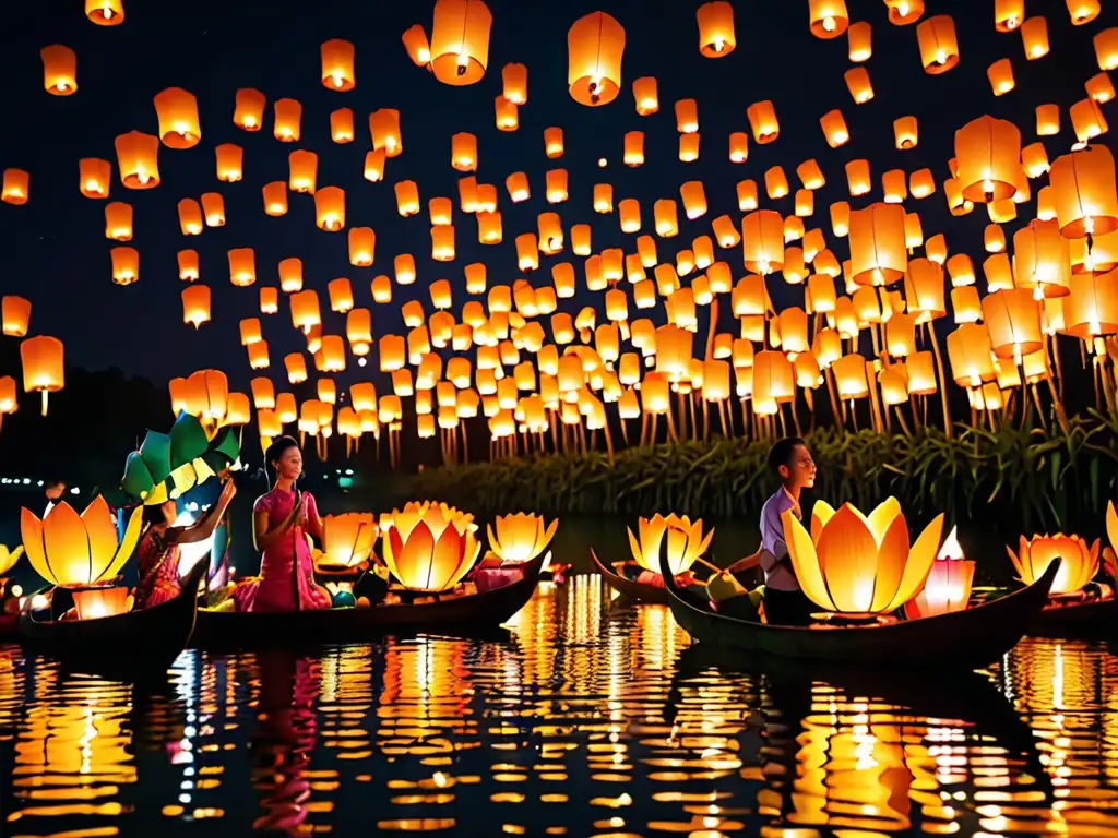 Festival Loy Krathong Tailandia: noche vibrante con lanzamiento de cestas flotantes y linternas iluminando el cielo nocturno sobre el agua serena