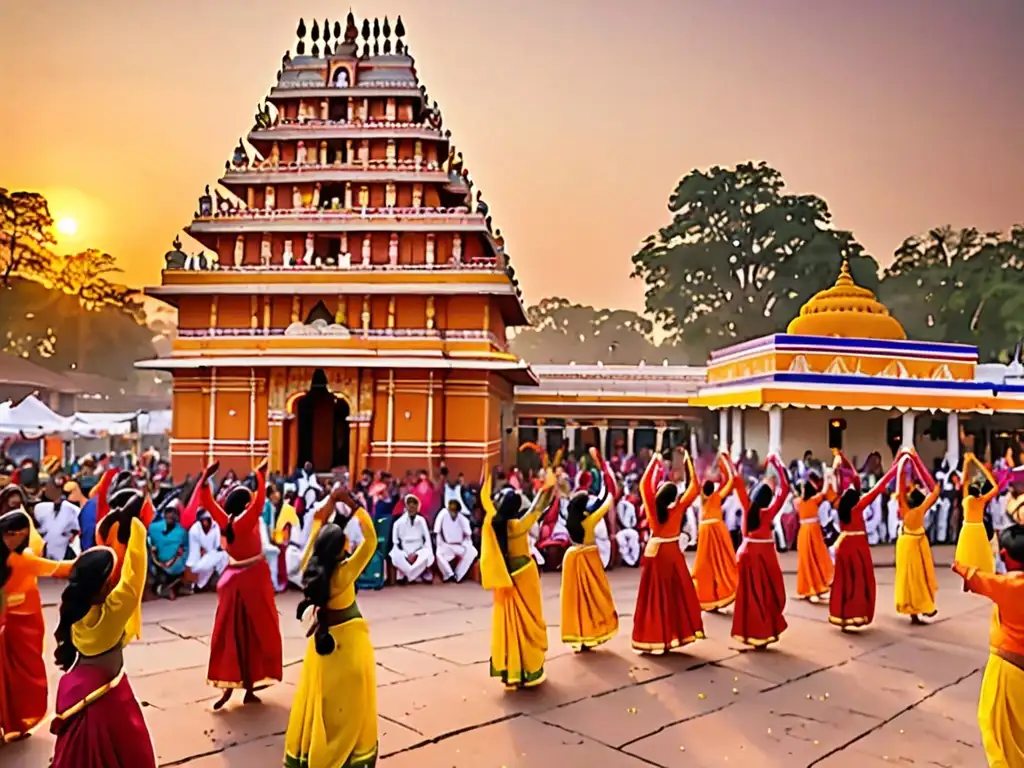 Una festividad tradicional india con coloridos trajes, danzas y celebraciones frente a un templo decorado