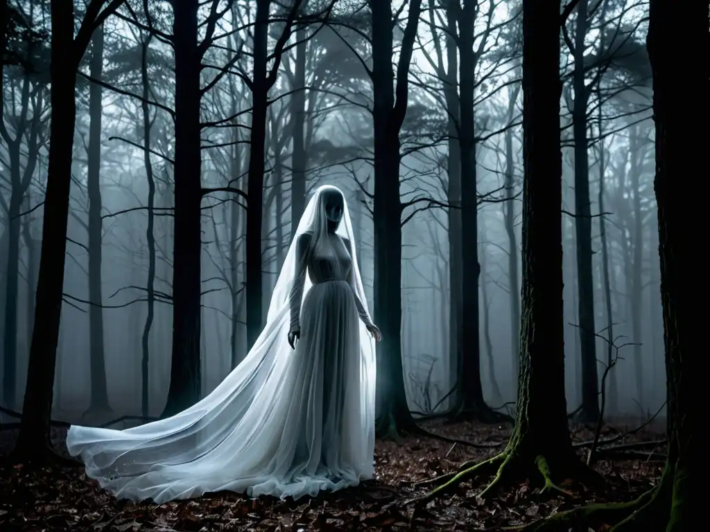 Una figura espectral en un bosque nocturno, la Dama de Blanco mitos y leyendas, rodeada de misterio y brillo sobrenatural