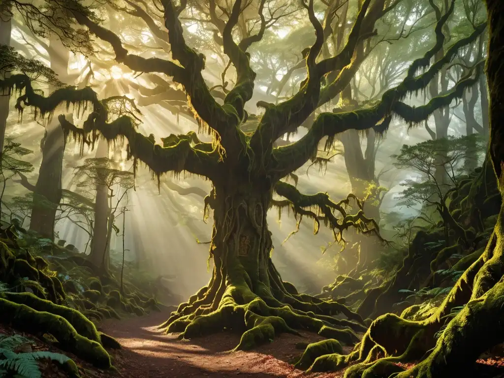 Figura misteriosa entre árboles ancestrales en un bosque encantado, bañado por la luz dorada