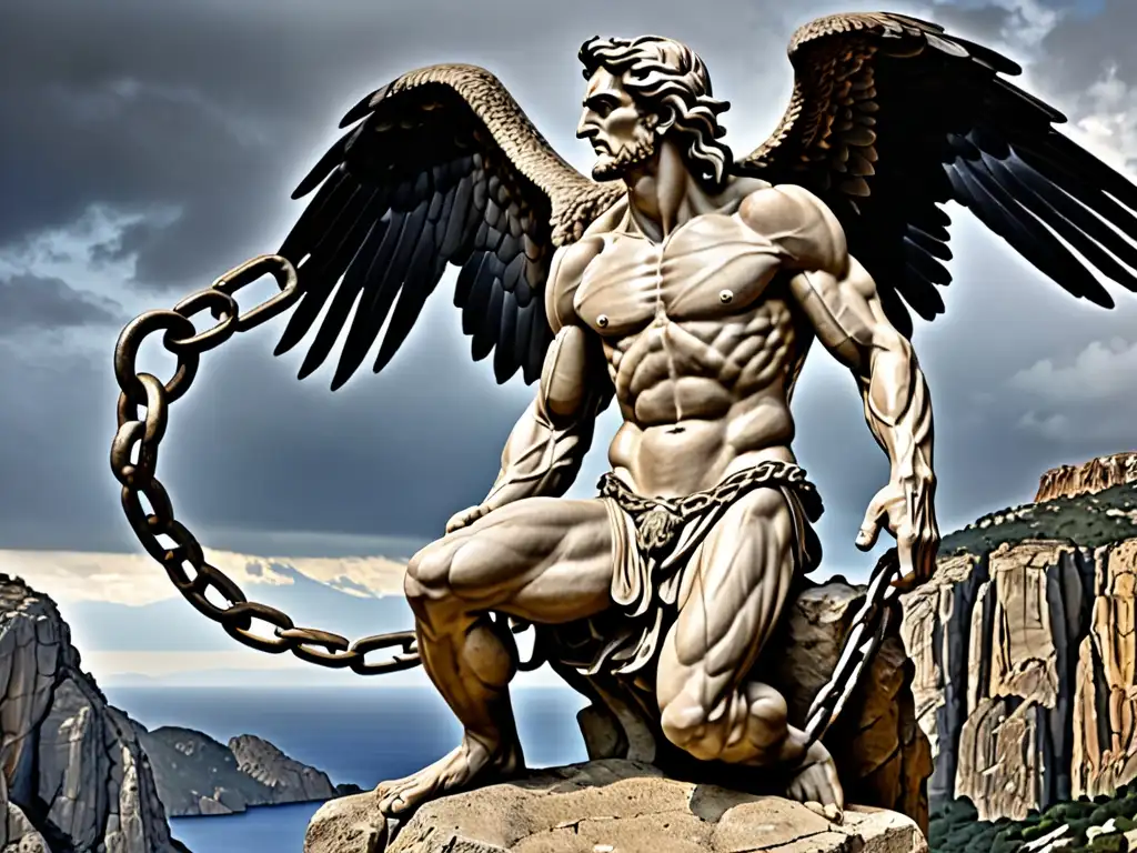 La figura de Prometeo encadenado a una roca mientras un águila se abalanza sobre él, evocando el espíritu rebelde de los mitos griegos