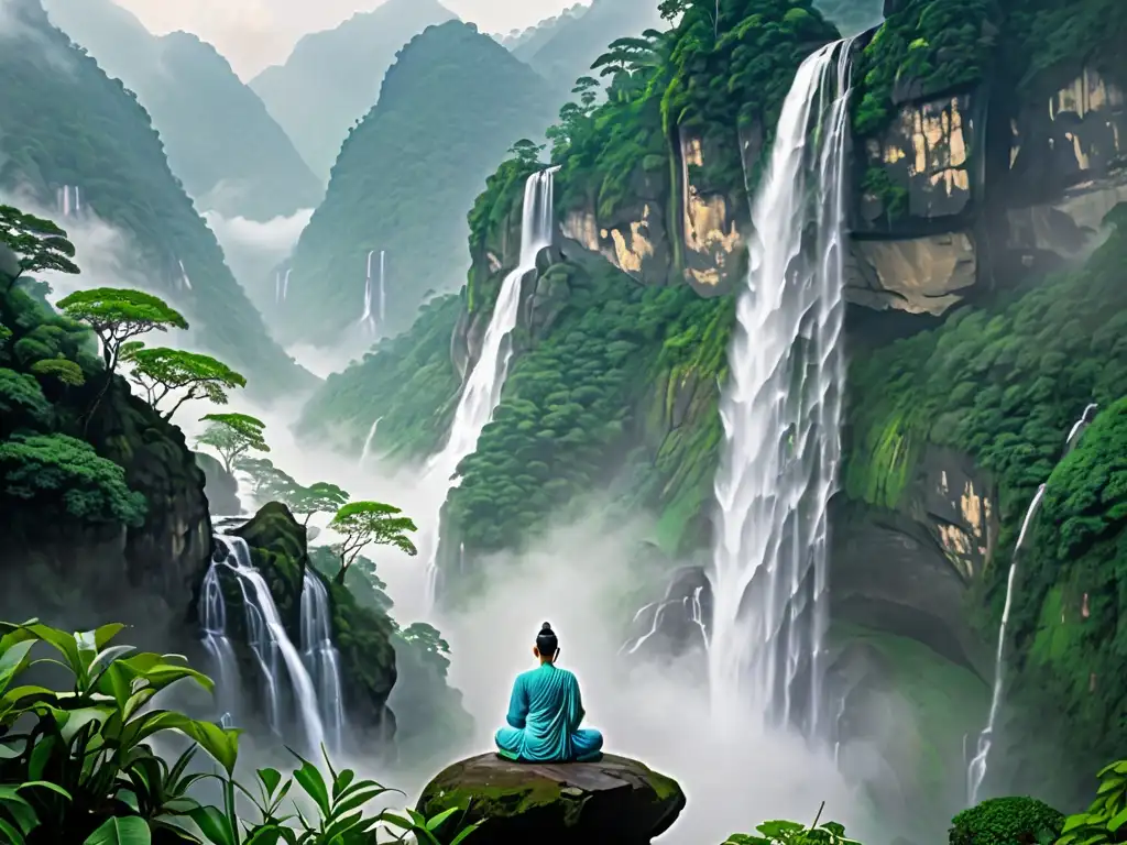Figura solitaria medita en la cima neblinosa, rodeada de exuberante vegetación y majestuosas cascadas, evocando la filosofía asiática en Avatar