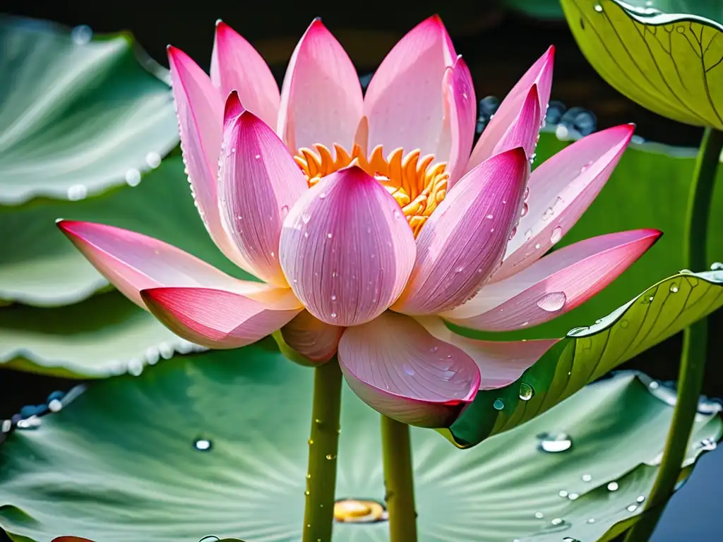 Una flor de loto rosa vibrante emerge del agua con gotas de agua en sus pétalos