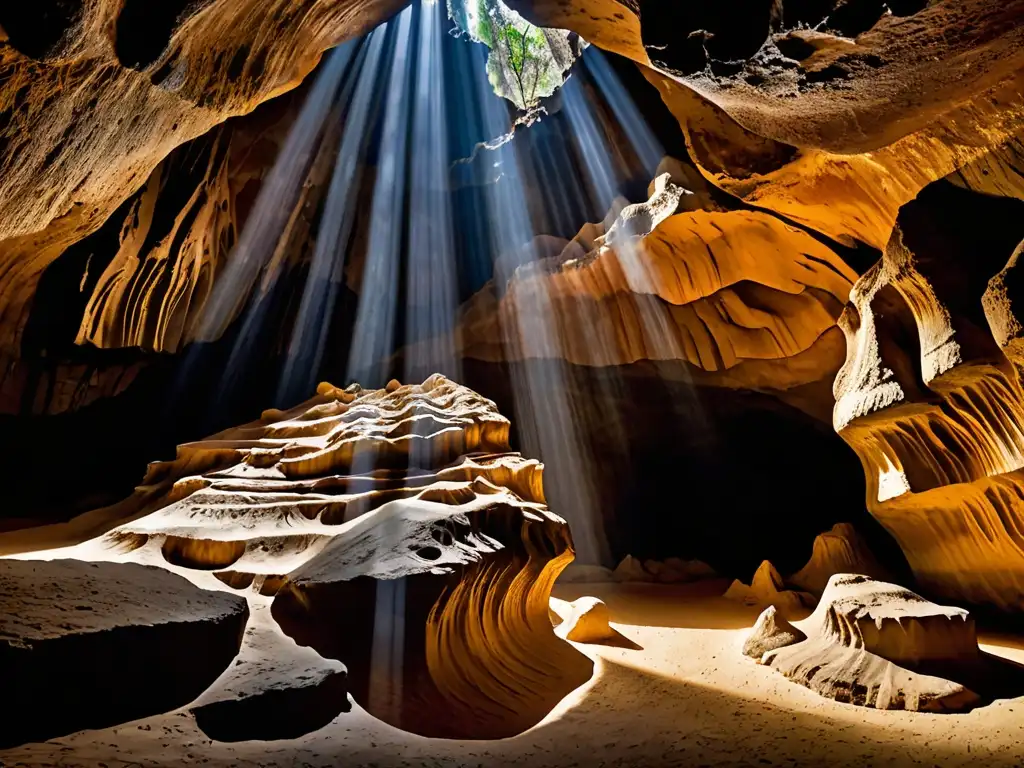 Explora las formaciones rocosas misteriosas e intrincadas de la Cueva de los Tayos, destacando la interacción entre luz y sombra