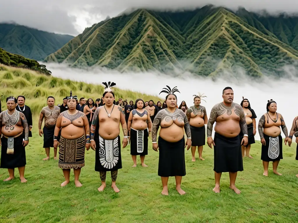 Un funeral maorí tradicional en un entorno natural, con un grupo de personas realizando un poderoso haka como muestra de respeto