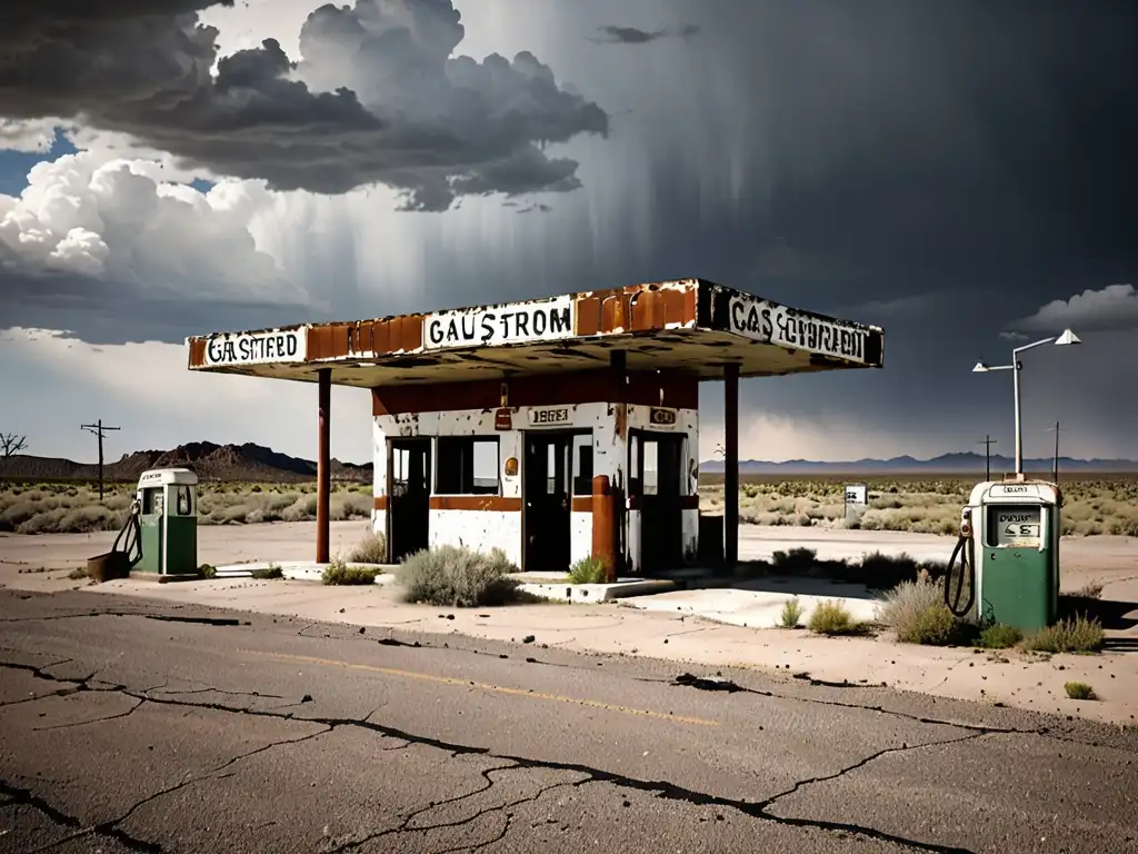 Estación de gasolina abandonada en Route 66: el misterio del abandono Una gasolinera abandonada y desgastada a lo largo de la desolada Ruta 66, evocando apariciones de viajeros fantasma