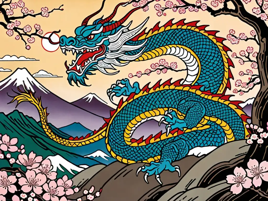 Un grabado en madera detalla al legendario dragón japonés 'Tatsu' entre cerezos y montañas neblinosas