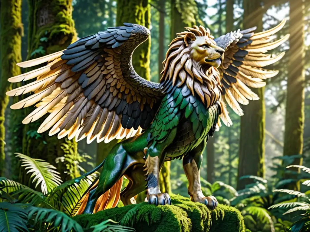 Un grifo majestuoso, mitad león, mitad águila, en un frondoso bosque