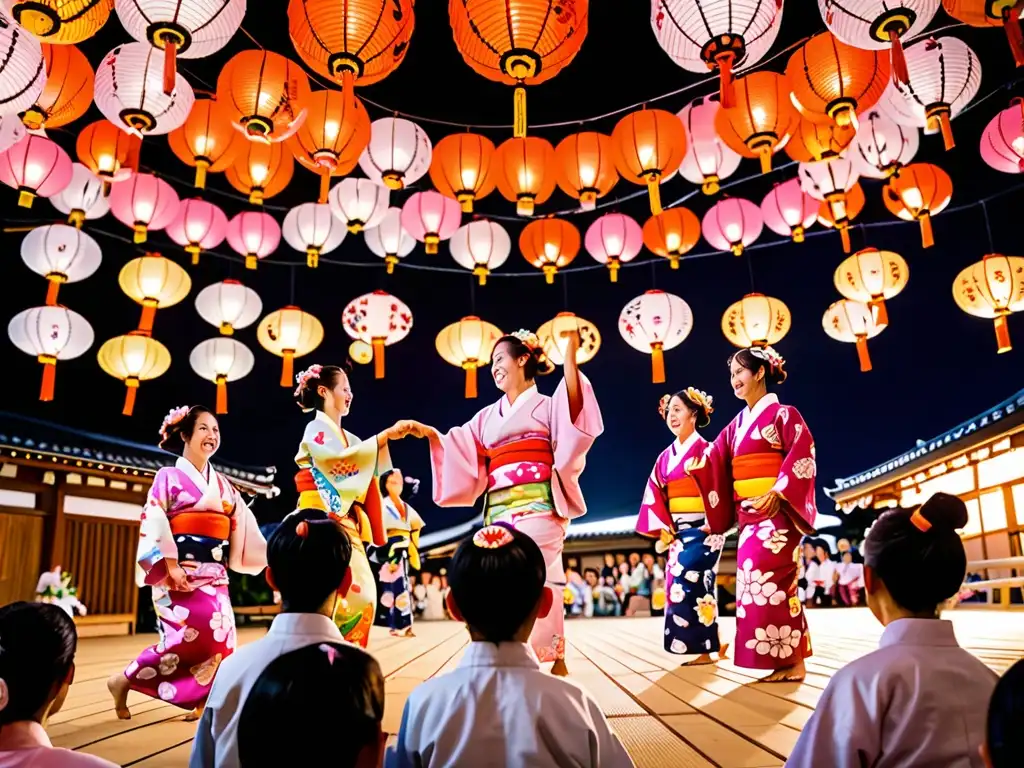 Grupo en yukatas y abanicos, bailando alrededor de un yagura con linternas durante el Festival de Obon en Japón, en una tarde cálida y festiva
