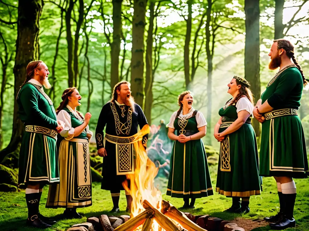 Un grupo de actores en atuendos celtas alrededor de una fogata en el bosque