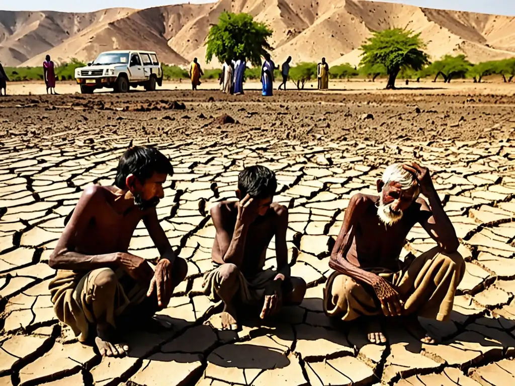 Un grupo de aldeanos preocupados se reúnen alrededor de tierras agrietadas y marchitas, discutiendo los Mitos de sequía y maldiciones
