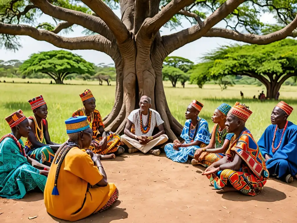 Grupo de ancianos africanos comparten sabiduría y tradición bajo un árbol centenario