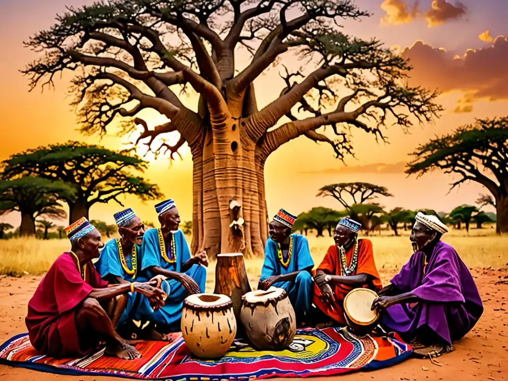 Un grupo de ancianos africanos se reúne bajo un baobab, rodeados de textiles y instrumentos musicales