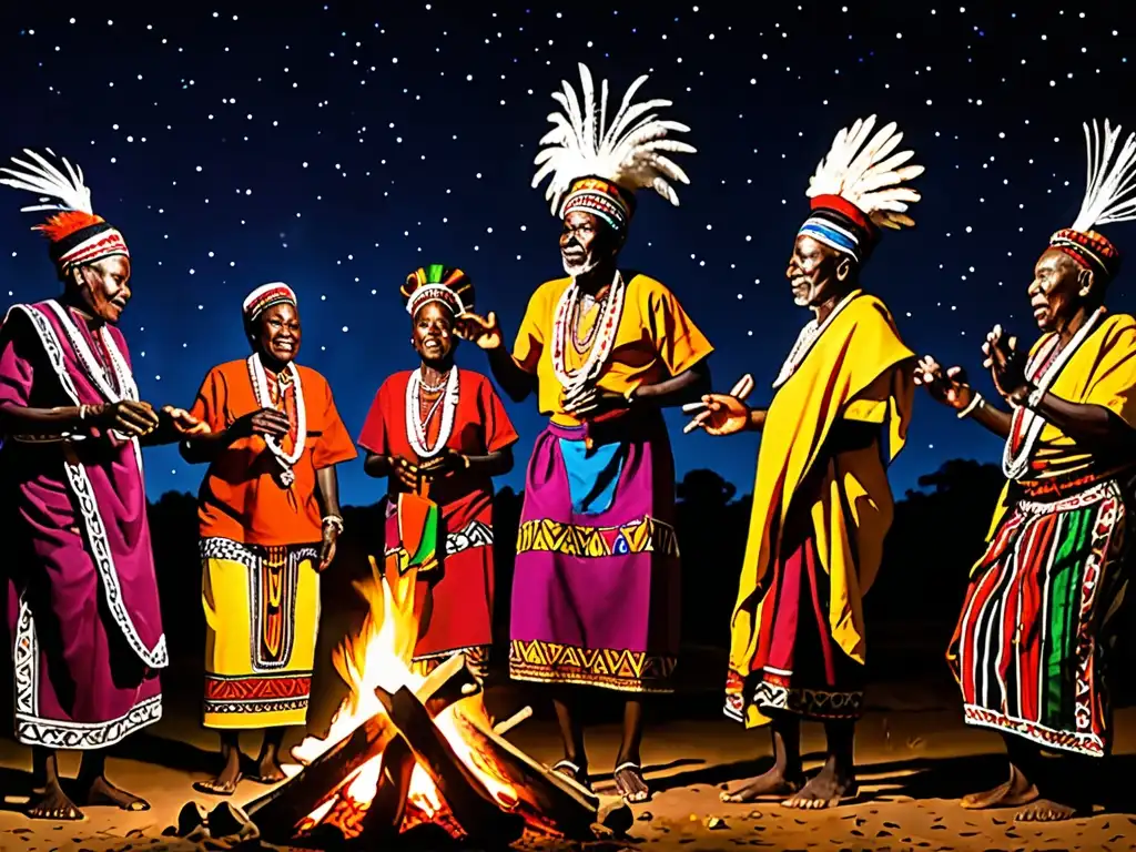 Grupo de ancianos africanos danzando alrededor de una fogata bajo el cielo nocturno, con influencia del culto a los antepasados en el folklore africano