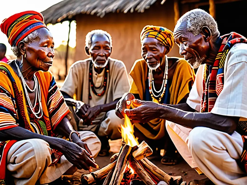 Grupo de ancianos africanos comparten sabiduría alrededor del fuego, reflejando la influencia del culto a los antepasados en el folklore africano