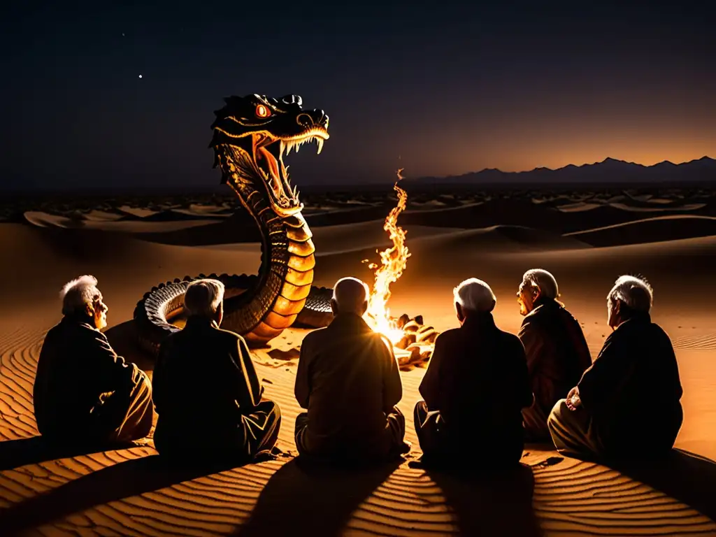 Un grupo de ancianos en Namibia relata el mito de la Serpiente Marina, iluminados por la fogata