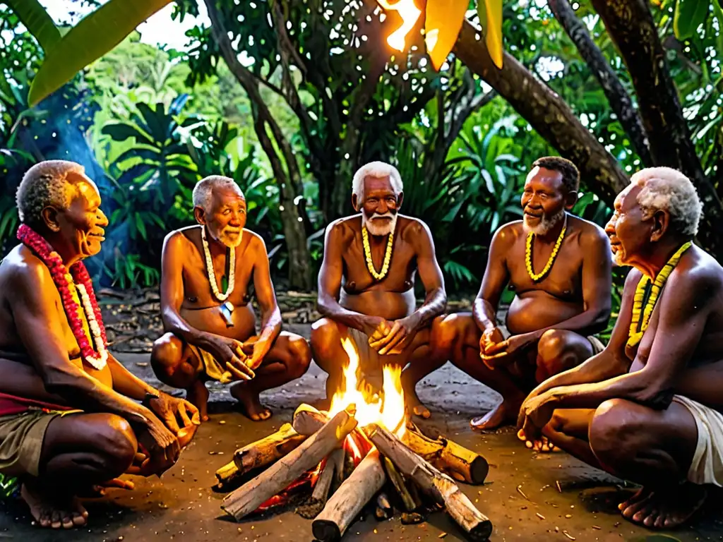 Un grupo de ancianos de Vanuatu comparte mitos y leyendas alrededor del fuego, con rostros iluminados por las llamas