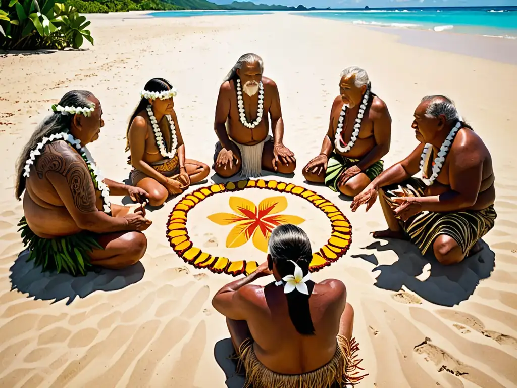 Conversación ancestral en la playa polinesia Un grupo de ancianos polinesios escucha atentamente un poema sagrado en una playa al atardecer