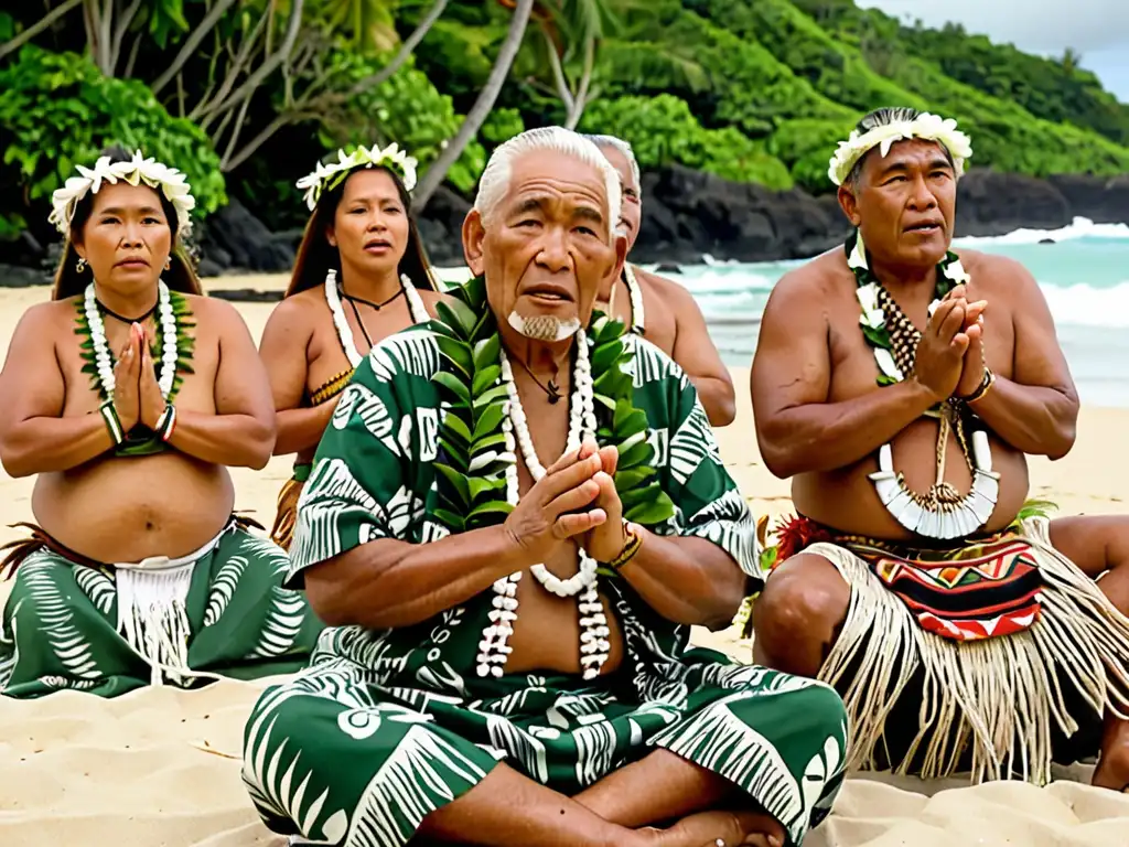Ritual de sabiduría: Ancianos polinesios entonando sagradas poesías Grupo de ancianos polinesios entonando poemas sagrados en la playa, rodeados de exuberante vegetación tropical